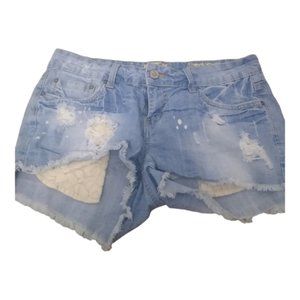 𝅺INDIGO Rein Embroidered Distressed Lace Pockets Raw Hem Size Waist 32in